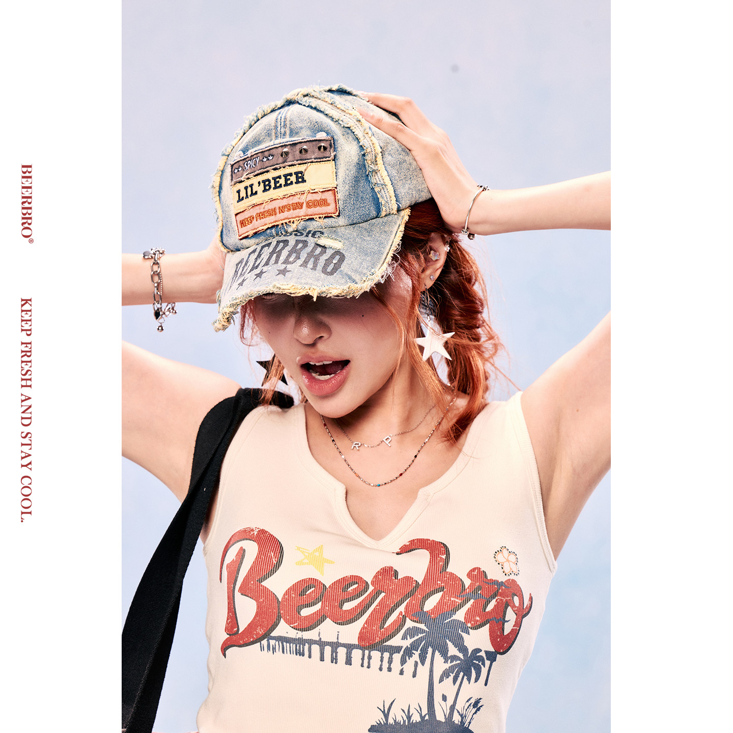 BeerBro『狂欢音乐节』街头感复古水洗牛仔破洞字母贴布棒球帽 - 实物图