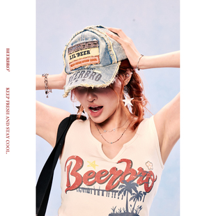 BeerBro『狂欢音乐节』街头感复古水洗牛仔破洞字母贴布棒球帽