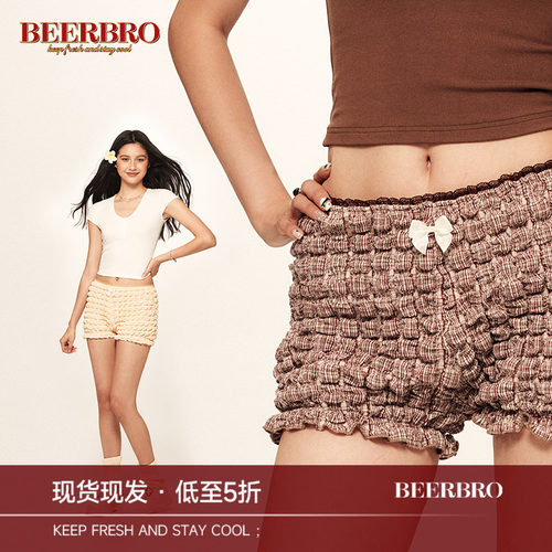 BeerBro 美式复古芭蕾少女迷你泡泡褶皱低腰显瘦蝴蝶结休闲短裤女