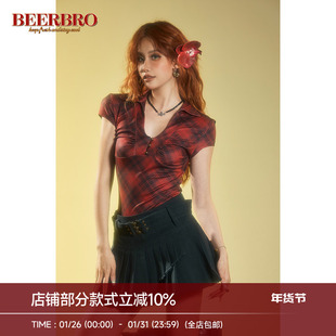 BeerBro 美式辣妹V领格子短袖针织衫牛奶丝面料紧身显瘦上衣新款