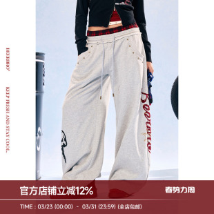 女 松弛休闲印花烫钻双腰头撞钉休闲长卫裤 BeerBro 竞速脉冲