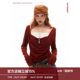 BeerBro『高弹柔软针织』 串珠装饰假两件带胸垫荡领针织衫上衣女