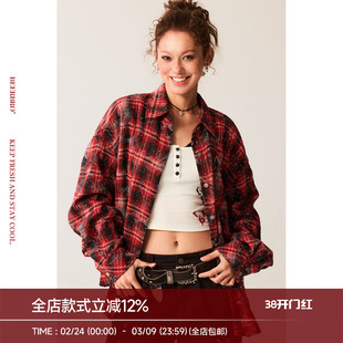 BeerBro『复古声浪』满幅亮银烫钻特色花纹底红色格子衬衫薄外套