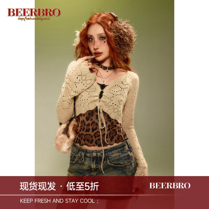 BeerBro 美式镂空辣妹绑带罩衫女早春2024新款短款微喇叭袖针织衫图片