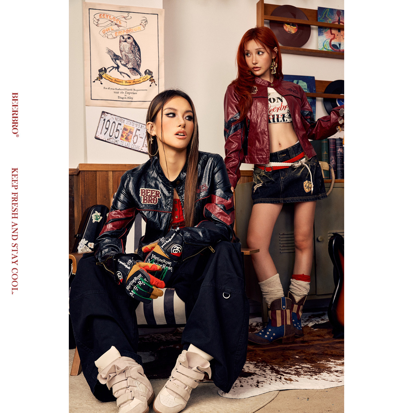 BeerBro『摇滚书吧』辣妹街头修身双拉链头机车撞色皮衣外套女,女装/女士精品,皮衣,淘宝优惠券,粉丝福利购,淘宝优惠卷