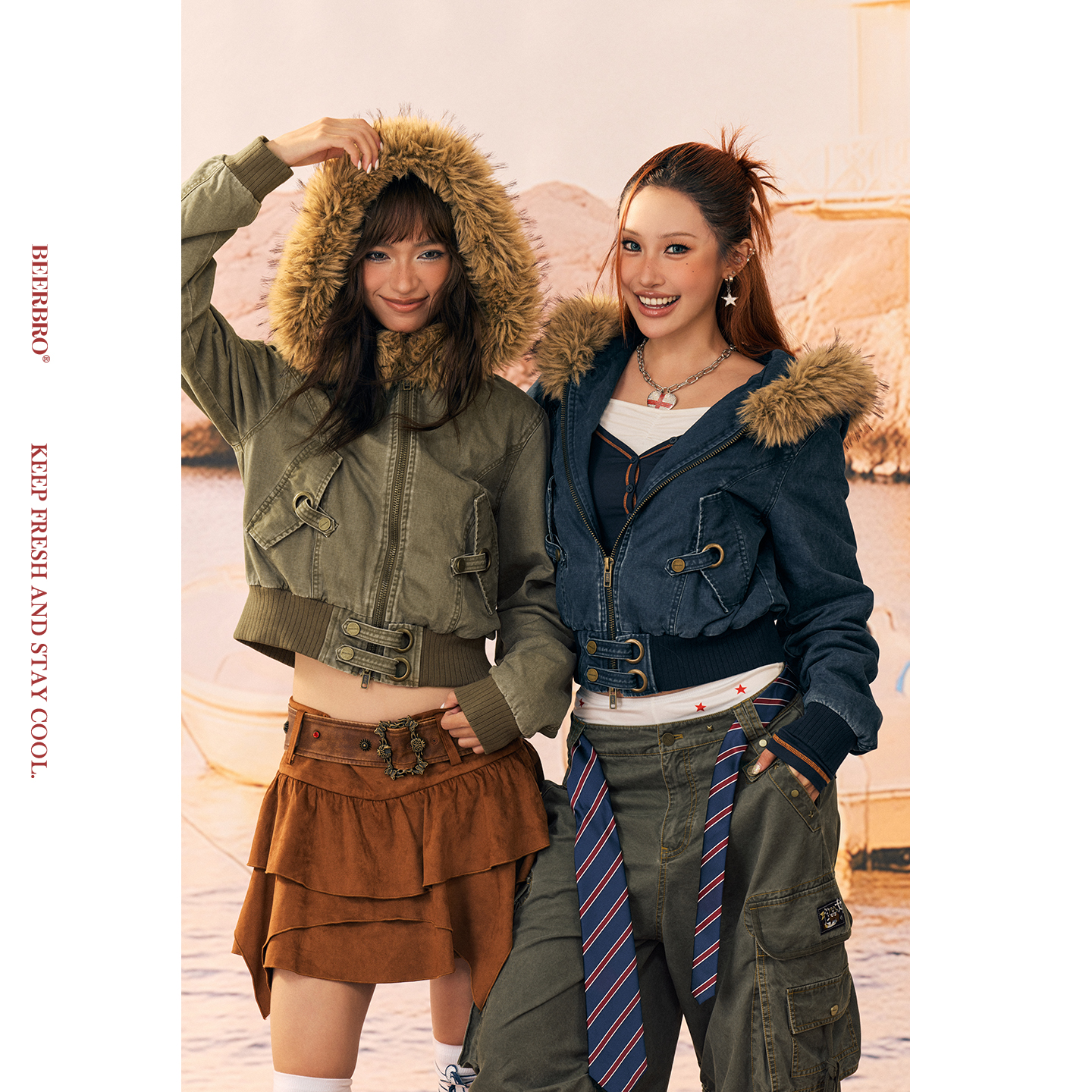 BeerBro『明星同款』重磅全棉400g裥棉辣妹洗水短款毛领外套