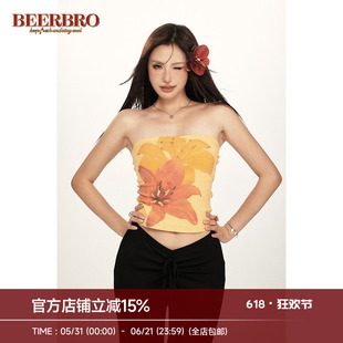 BeerBro 复古美式海岛辣妹aloha热带花朵印花紧身抹胸吊带背心女