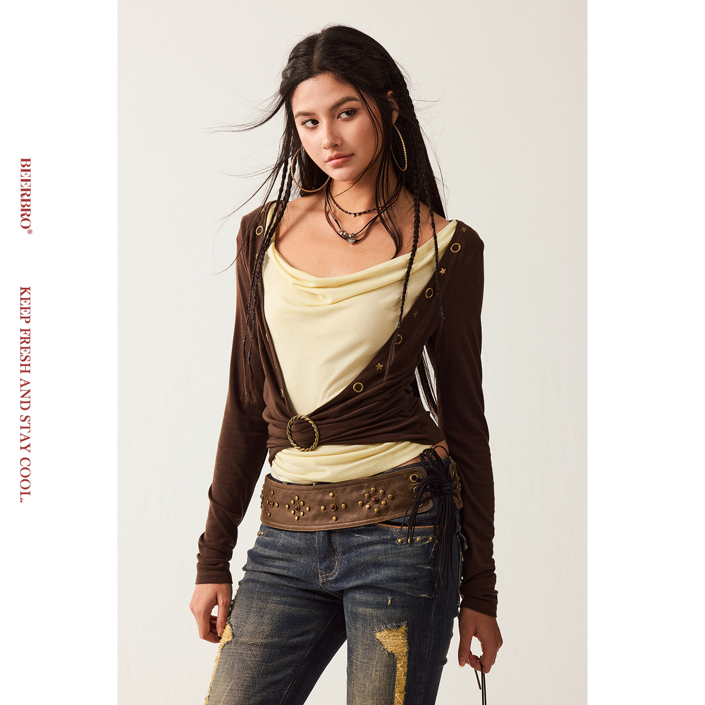 BeerBro『新启旅途』天丝羊毛西部辣妹修身撞色荡领烫片针织衫,女装/女士精品,T恤,淘宝优惠券,粉丝福利购,淘宝优惠卷