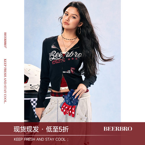 BeerBro『竞速脉冲』亲肤软糯美式运动辣妹印花烫片毛衣开衫外套