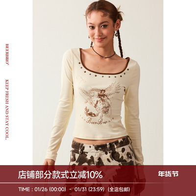 BeerBro『新启旅途』柔软舒适辣妹领边撞色方领烫片长袖针织T恤