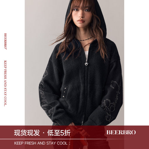 BeerBro 『复古声浪』蓬松柔软春季休闲烫钻微闪纱线毛衣外套女