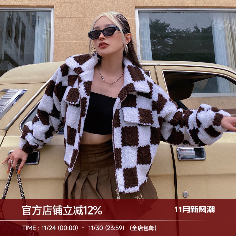 BeerBro美式复古棋盘格短款外套女秋冬欧美街头辣妹羊羔绒上衣潮