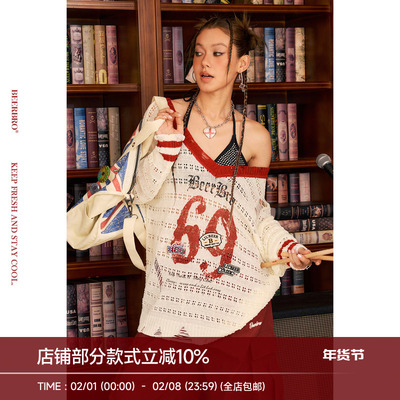 BeerBro『摇滚书吧』抗皱不变形V领可露肩辣妹撞色镂空毛衣女