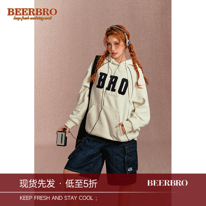 BeerBro美式潮牌vintage连帽卫衣女秋冬简约运动情侣帽衫外套灰色