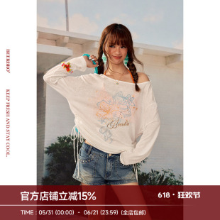 BeerBro『出逃西海岸』夏季辣妹宽松印花烫钻抽绳斜肩长袖T恤女