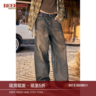 BeerBro 美式复古游牧风宽松刷蜡做旧长牛仔裤女秋冬显瘦直筒长裤