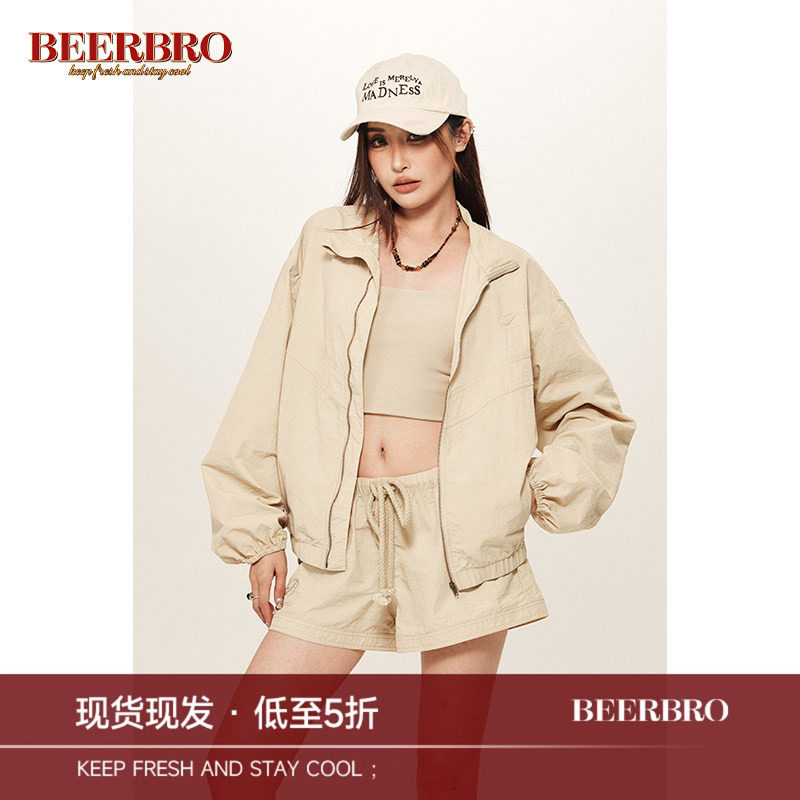 BeerBro 防晒风衣外套辣妹吊带背心套装休闲短裤宽松工装裤三件套