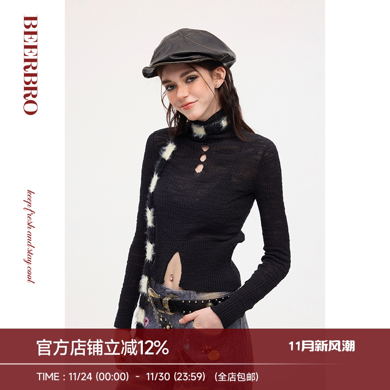 BeerBro 美式辣妹高领修身纯色毛衣针织打底衫女秋冬显瘦内搭上衣