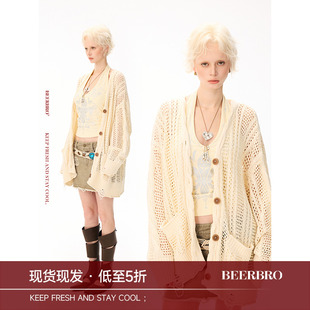 BeerBro『艺术流浪』『绵羊毛』巨柔软 立体挑孔织花毛衣开衫