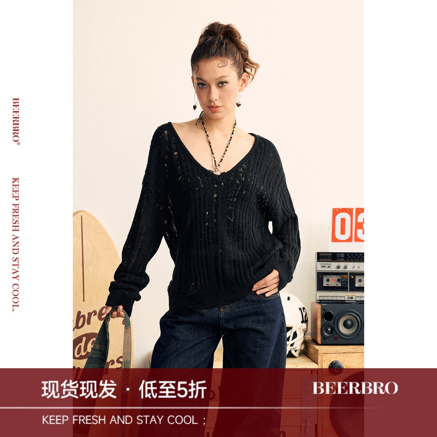 BeerBro『狂欢音乐节』辣妹真两件可斜肩一字肩长袖毛衣罩衫图片