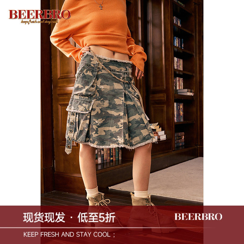 BeerBro 美式复古街头迷彩印花工装半身裙女秋冬宽松显瘦过膝裙子