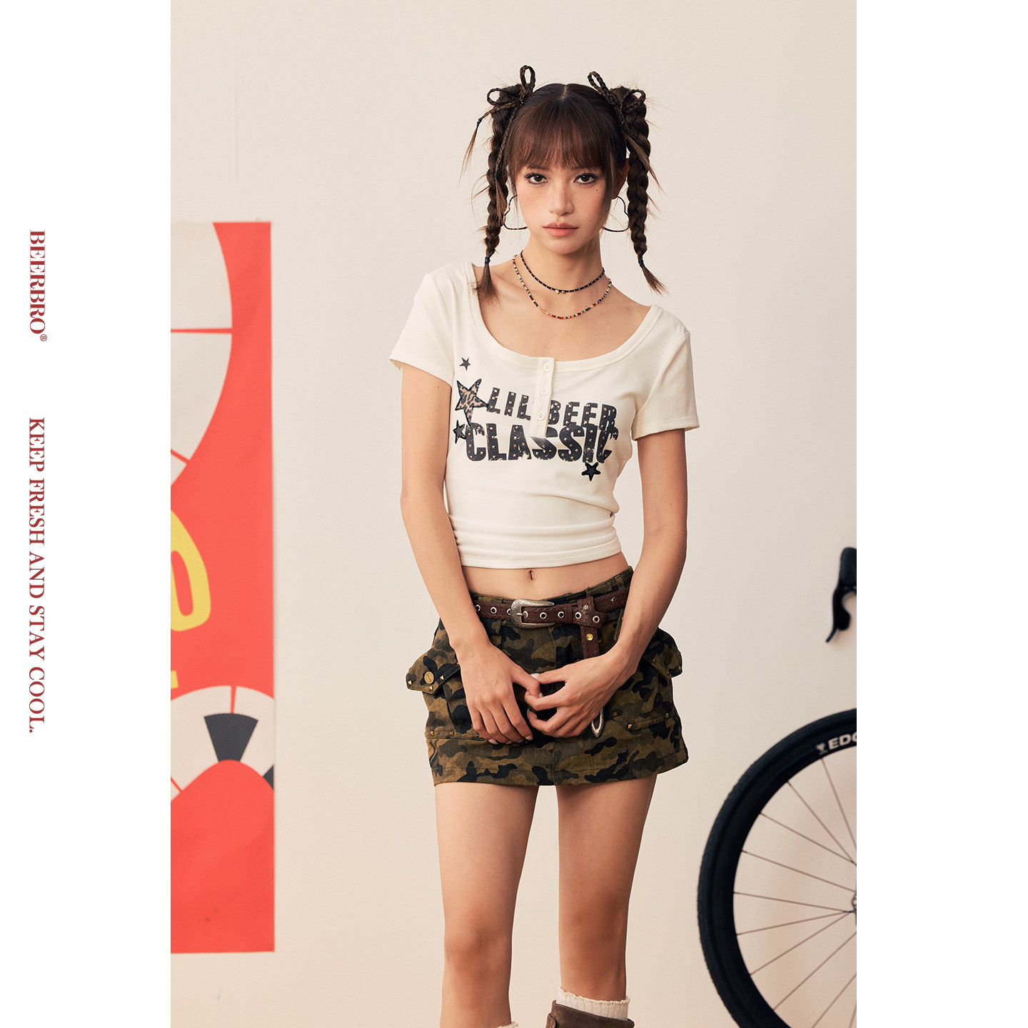 BeerBro『狂欢音乐节』莱赛尔天丝柔软亲肤珠片绣字母辣妹短袖T恤