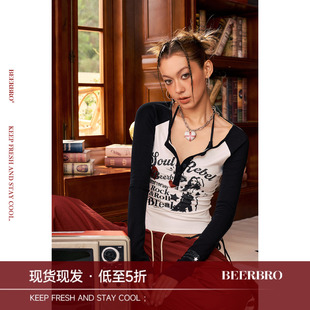 BeerBro『摇滚书吧』辣妹撞色插肩袖人像紧身显瘦打底长袖T恤女