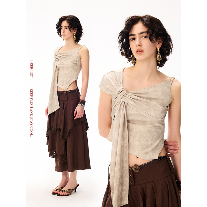 BeerBro『艺术流浪』C位辣妹 绑带不对称下摆露肩短袖t恤女夏