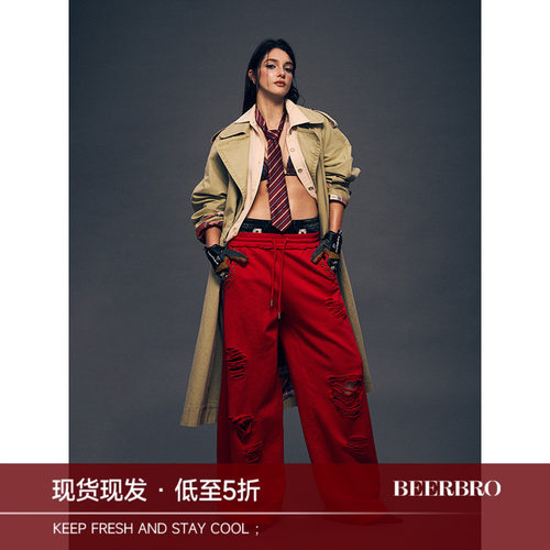 BeerBro『brat girl』懒人刚需 全棉shi代 磨破水洗破洞休闲卫裤