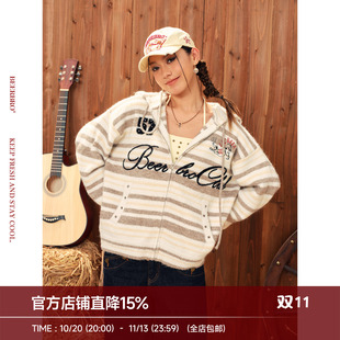 BeerBro『复古西部』随性古着感软糯条纹立体字母连帽毛衣外套女