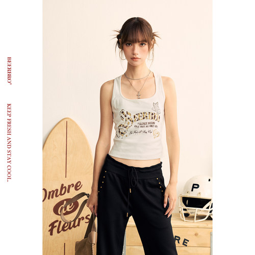 BeerBro『狂欢音乐节』高弹针织蝴蝶烫片闪粉印花工字背心上衣