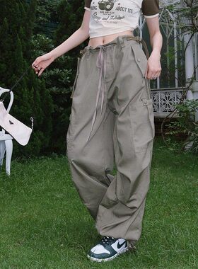 BeerBro 美式复古街头辣妹绿色工装裤女设计感降落伞裤束脚休闲裤
