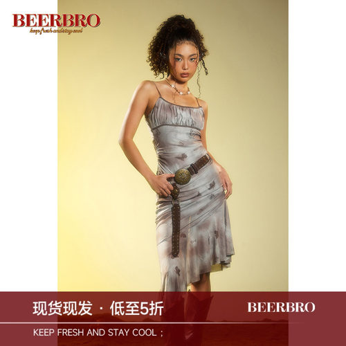 BeerBro 蝴蝶网纱双面印花连衣裙女小众设计不规则下摆辣妹吊带裙