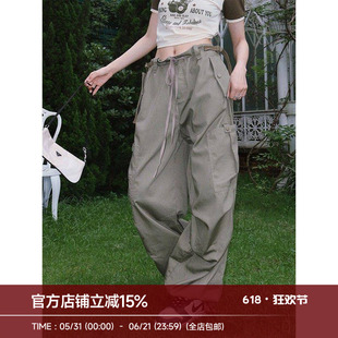 BeerBro 美式复古街头辣妹绿色工装裤女设计感降落伞裤束脚休闲裤