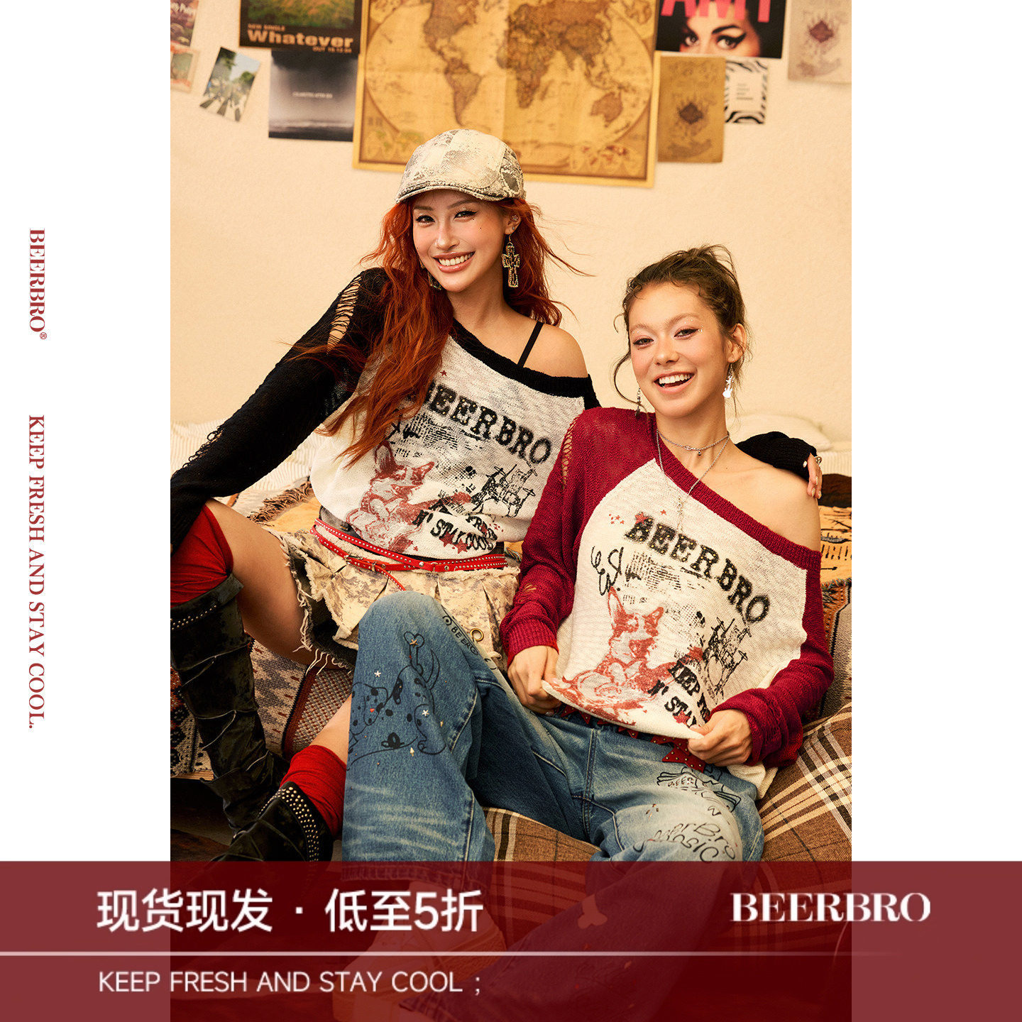 BeerBro 『多元运动美学』肌理感织法猫狗乐队斜肩薄透毛衣罩衫图片
