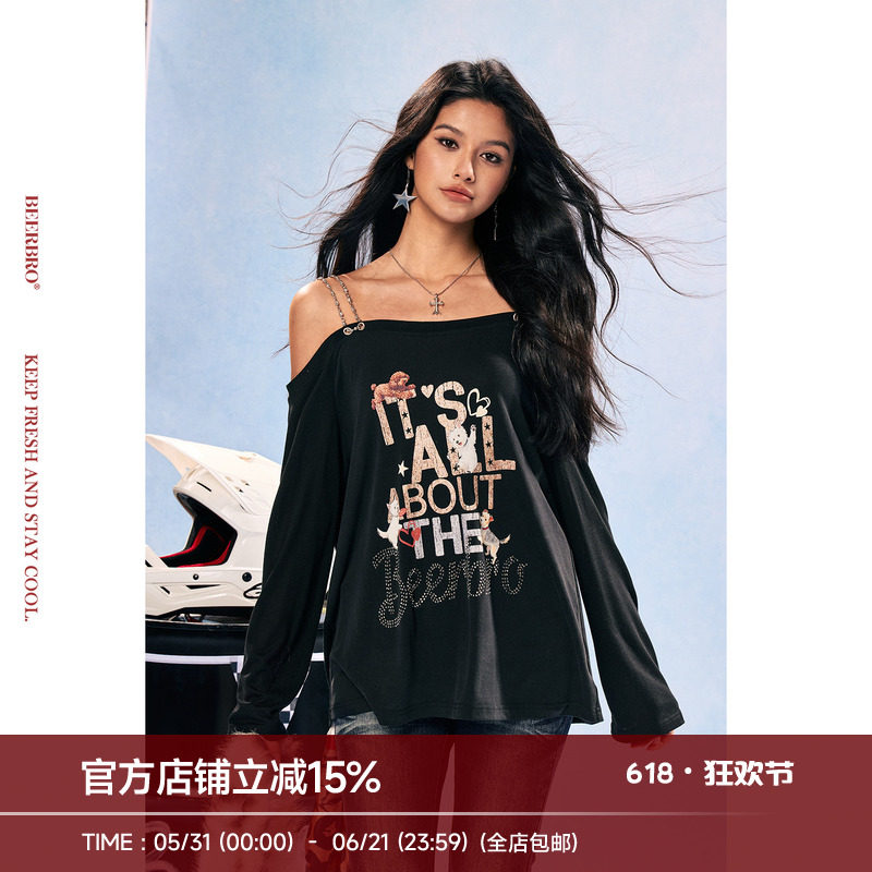 BeerBro『竞速脉冲』亲肤透气莱赛尔露肩可调节肩带印花长袖T恤女