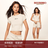 美式 套装 复古辣妹插肩袖 T恤上衣女短裤 T恤背心毛织短袖 BeerBro