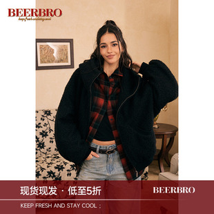BeerBro 美式休闲廓形羊圈圈毛卫衣女秋冬加厚黑色羊羔毛连帽外套