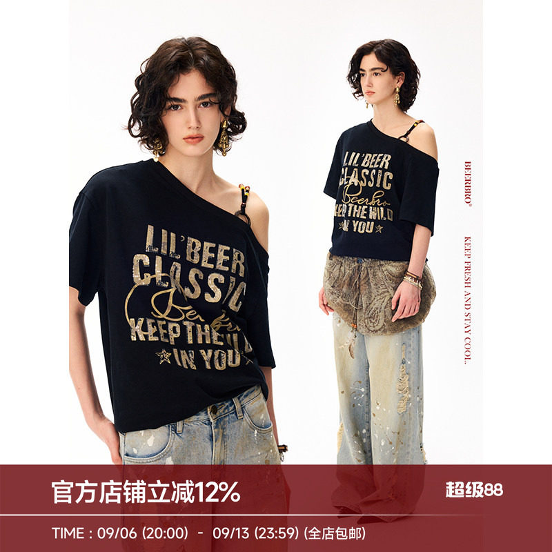 BeerBro『艺术流浪』『莱赛尔』天丝棉绣花宽松显瘦斜肩短袖T恤图片