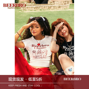 BeerBro 美式发泡小狗印花短袖T恤女装夏季新款修身显瘦短款上衣