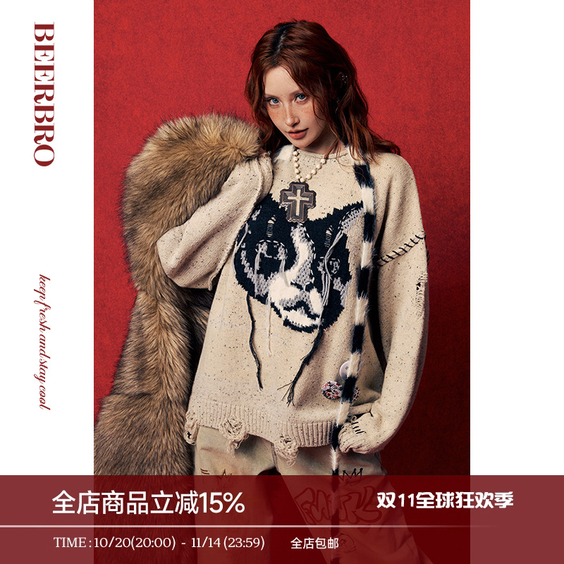 BeerBro 美式复古街头猫咪提花毛衣女秋冬季宽松显瘦破洞针织衫