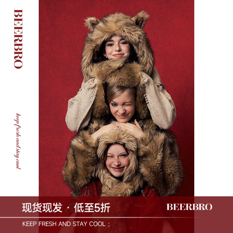 BeerBro 美式辣妹宽松保暖加厚皮草外套耳朵帽子腿套三件套套装图片