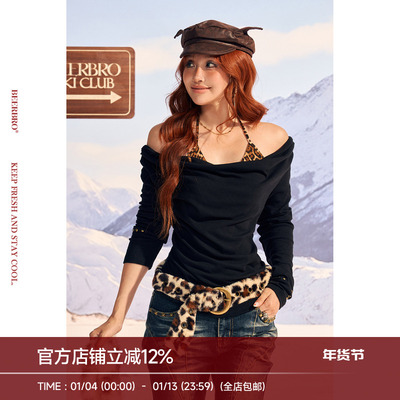 BeerBro『反叛竞技社』弹力料辣妹豹纹内搭两件套荡领长袖针织衫