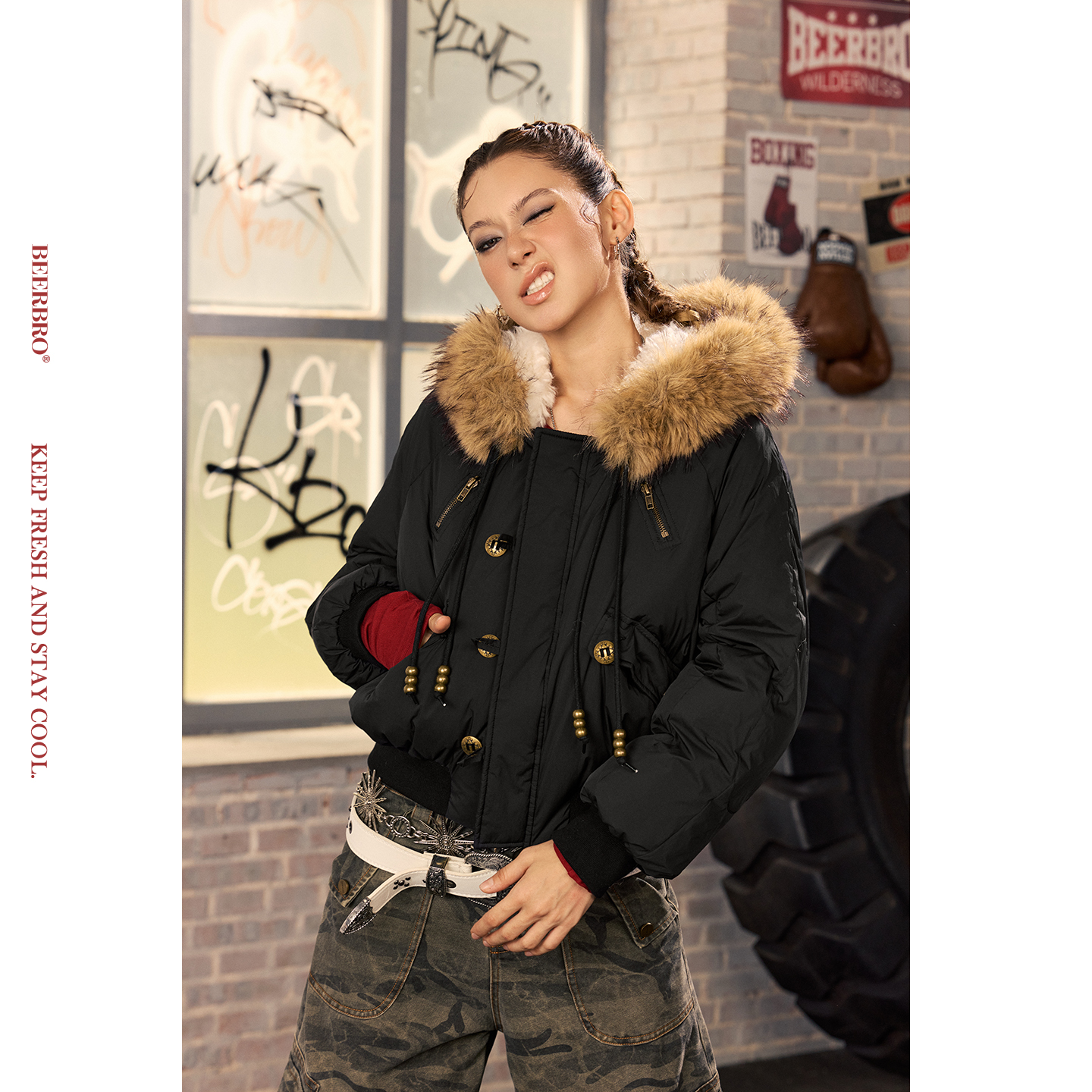 BeerBro『暴力美学 』蓬松90白鸭绒秋冬辣妹可展开毛毛羽绒服外套