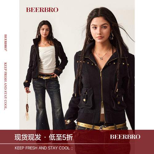 BeerBro『新启旅途』上身显瘦辣妹豹纹拼接金属撞钉修身卫衣外套