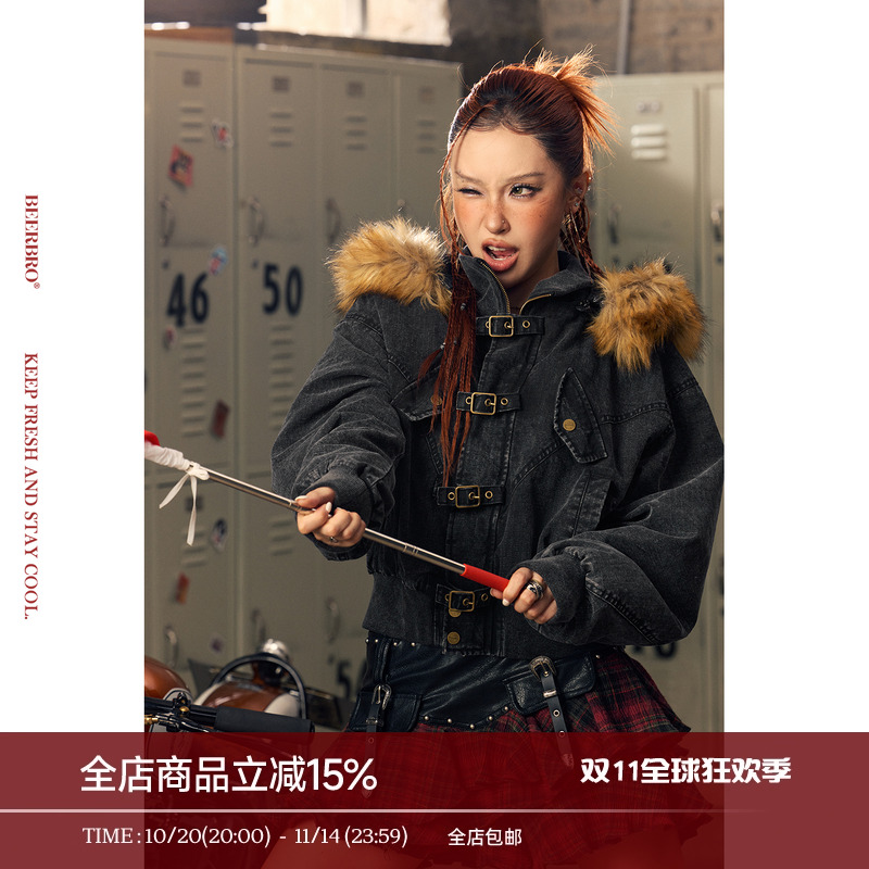 BeerBro『CITY MOTO』全棉1200g夹棉秋冬洗水格子暗纹棉服外套