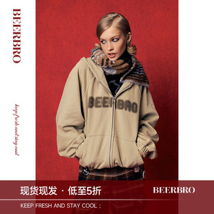 BeerBro 美式街头中性洗水抓毛连帽卫衣女秋冬宽松显瘦加厚外套