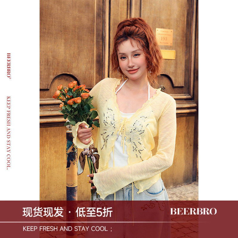 BeerBro『松弛街头』轻薄透气竹节纱金属烫片蝴蝶针织开衫女