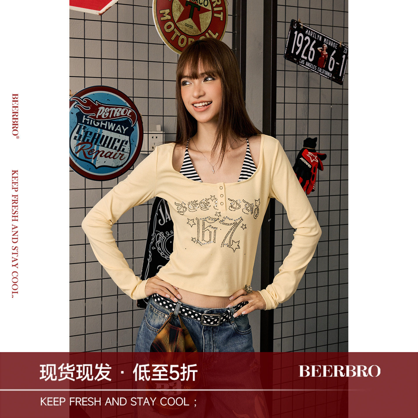 BeerBro『极速西部』秋冬假两件大u领挂脖打底衫烫片短款长袖T恤,女装/女士精品,T恤,淘宝优惠券,粉丝福利购,淘宝优惠卷