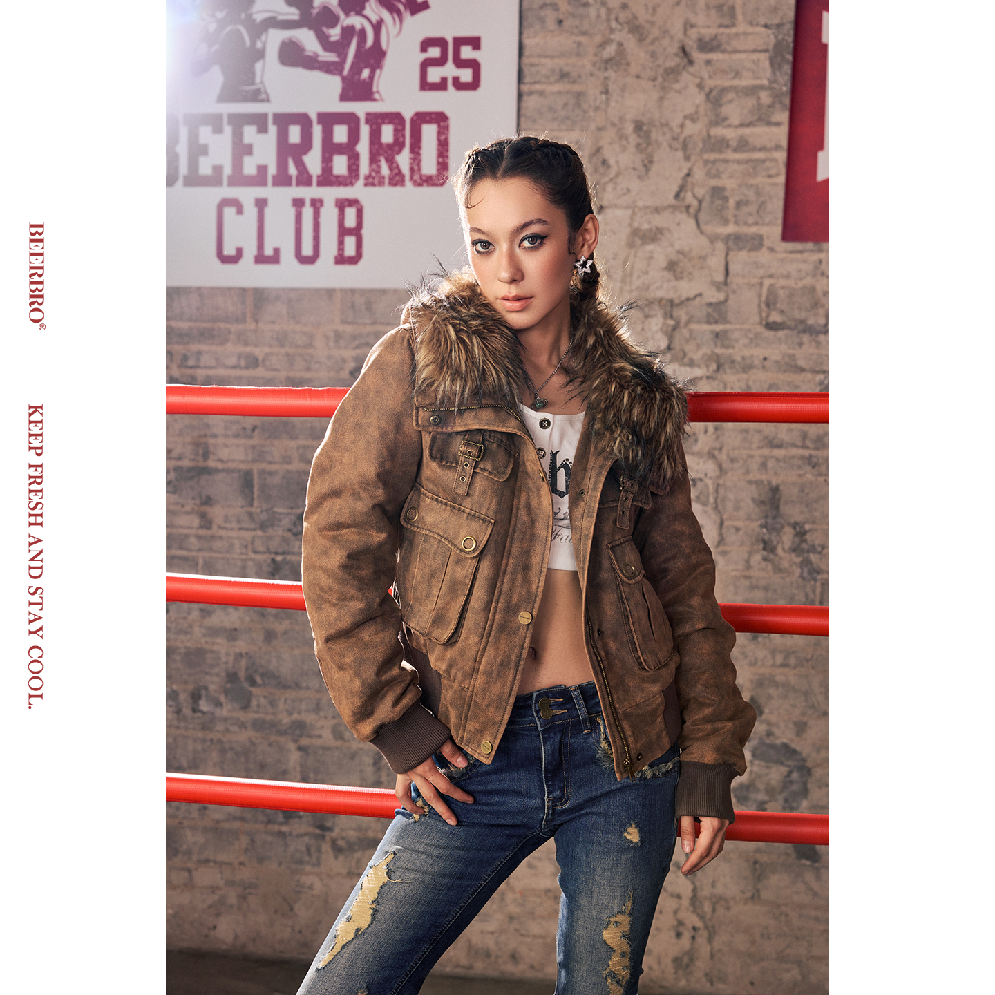 BeerBro『暴力美学 』秋冬保暖裥棉1000美式辣妹洗水棉服短外套